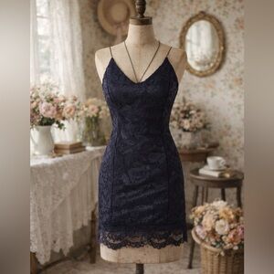 Astr The Label Blue & Black Lace Spaghetti Strap Bodycon Mini Dress